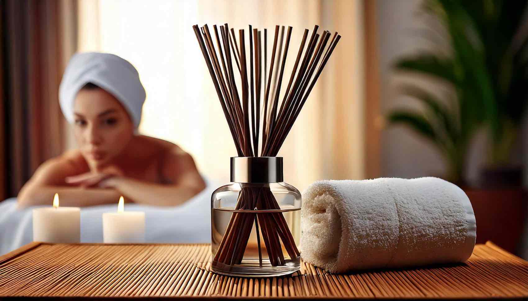 Lady in a Spa with a New Dawn UK reed diffuser and a white towel