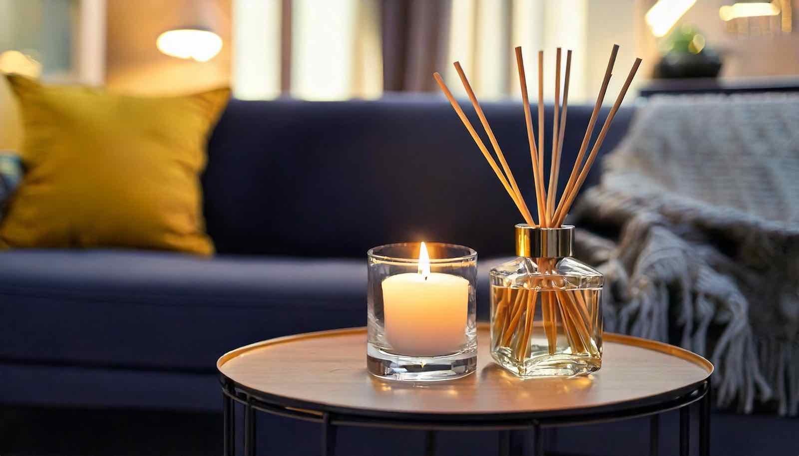 cosy living room with a candle and a glass reed diffuser on a coffee table
