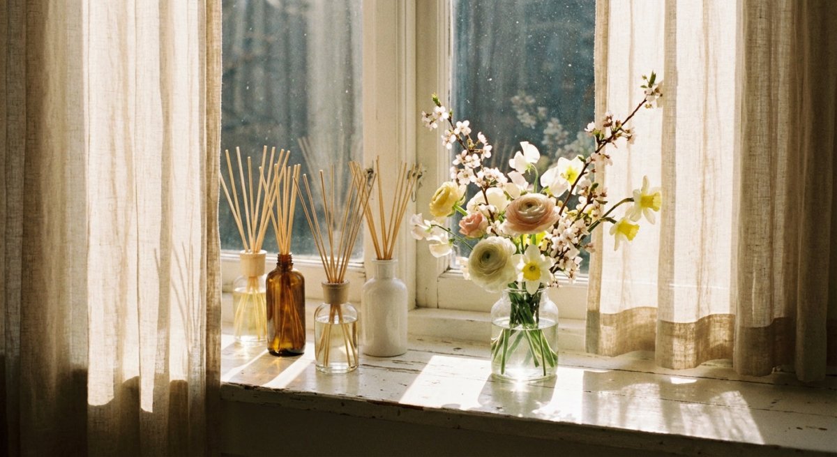 A bright, sun-lit windowsill with reed diffusers and fresh spring flowers bathed in warm golden light through sheer curtains.
