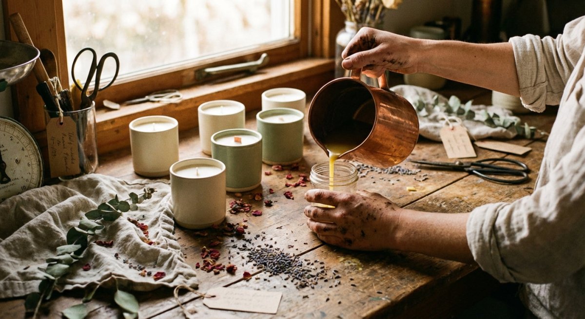 A close-up of artisan hands pouring handmade candles on a warmly lit wooden workbench surrounded by botanicals and finished fragrance products.