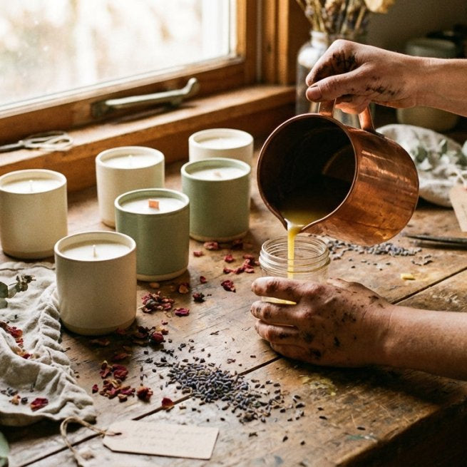A close-up of artisan hands pouring handmade candles on a warmly lit wooden workbench surrounded by botanicals and finished fragrance products.