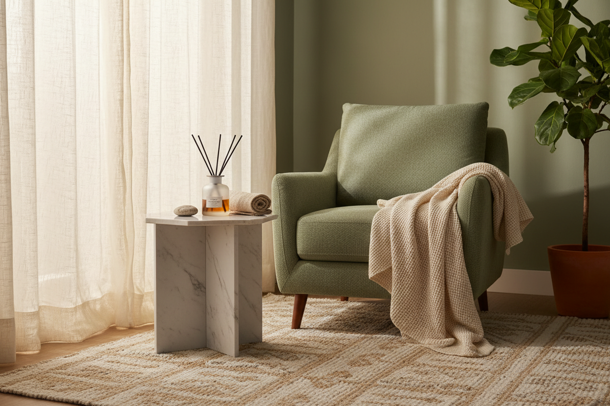 A reed diffuser on a marble side table, warm afternoon light through sheer linen curtains, sage and cream tones — calm, editorial, and very on-brand for New Dawn UK.