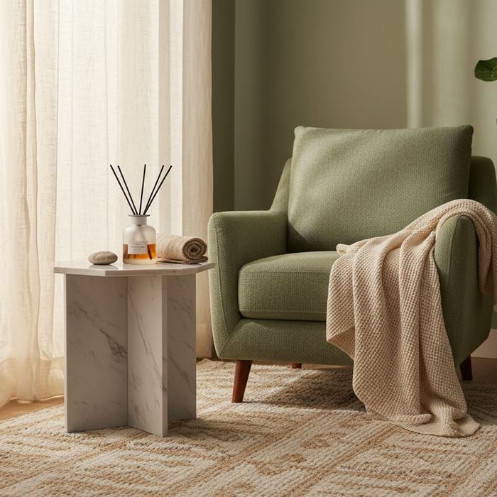 A reed diffuser on a marble side table, warm afternoon light through sheer linen curtains, sage and cream tones — calm, editorial, and very on-brand for New Dawn UK.