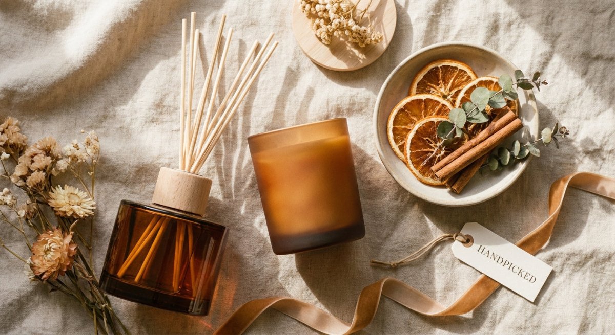 A warm flat lay of artisan home fragrance gifts including a reed diffuser, glass candle, and dried botanicals arranged on a linen surface in soft natural light.