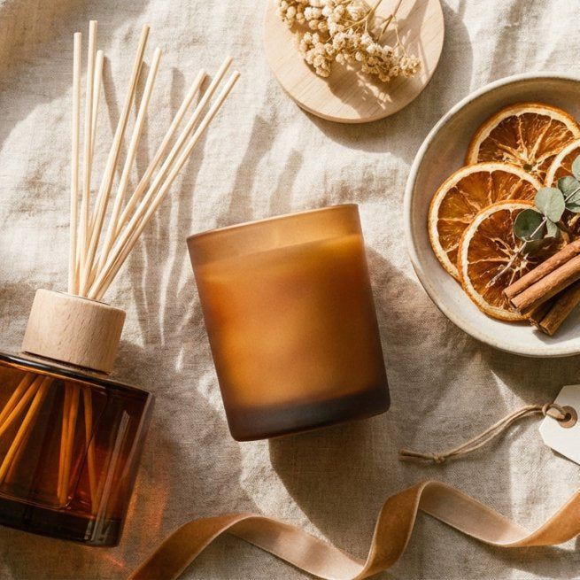 A warm flat lay of artisan home fragrance gifts including a reed diffuser, glass candle, and dried botanicals arranged on a linen surface in soft natural light.